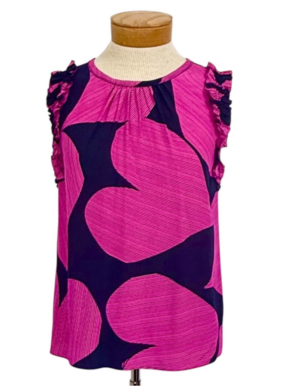 Trina Turk Silk Ruffle Blouse S Pink Heart Stripe Sleeveless Top